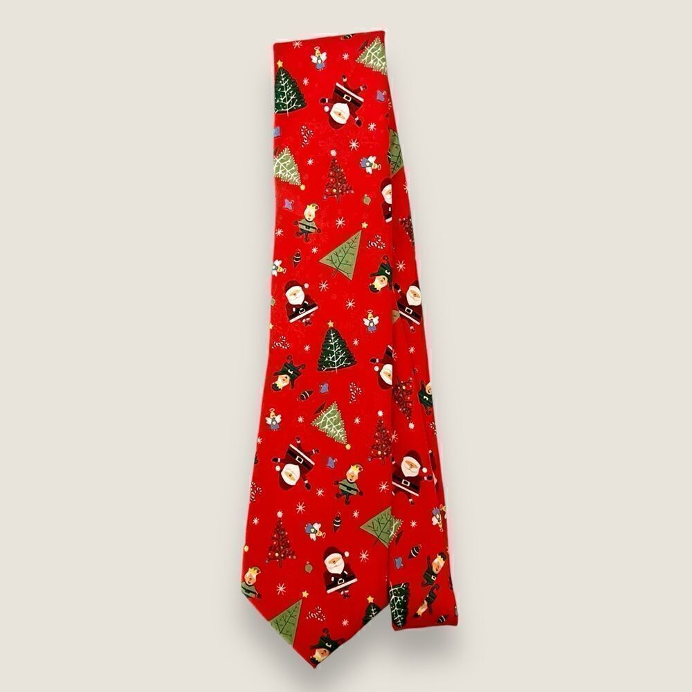 Ho Ho Ho Novelty Christmas Santa Elf Angel Tree Necktie, Red-Multi